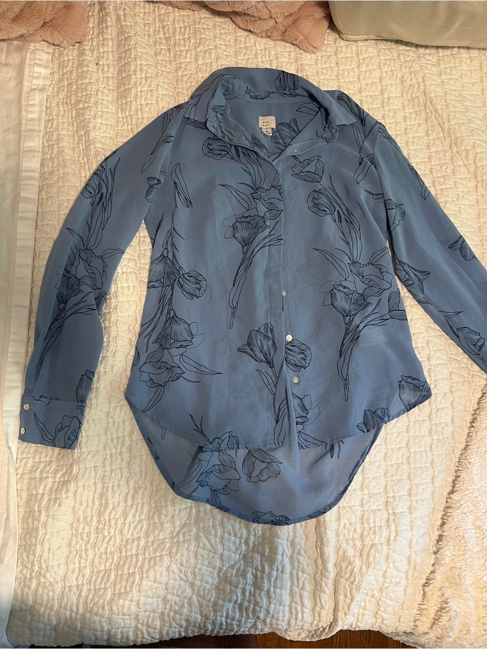 a new day Dusty Blue Floral Button-Down Blouse